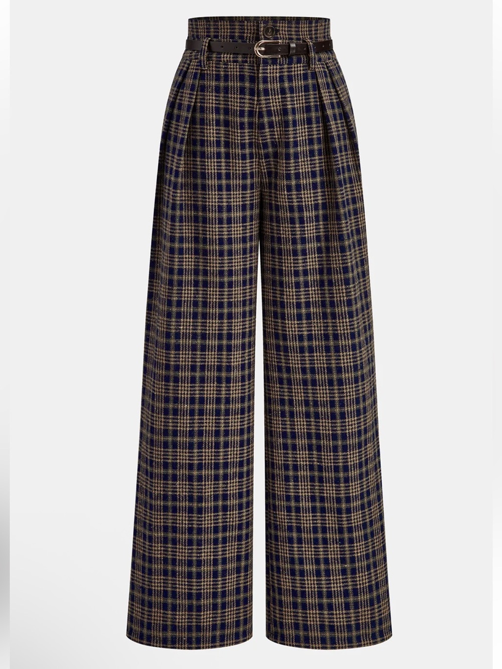 Commense Wide-Leg Plaid Trousers with Belt - Navy & Tan Large